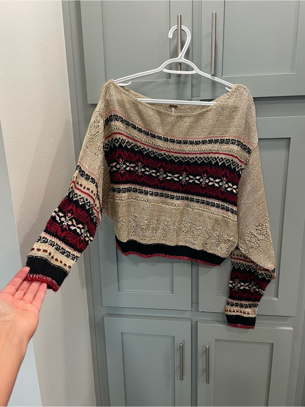 Free People Beige, Red and Black Fair Isle Scoop-Neck Sweater